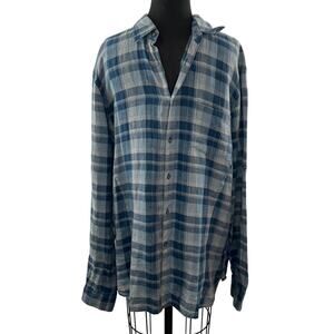 JOHN VARVATOS Blue Gray Plaid Linen Button-Down Collared Pocket Shirt Top Size L